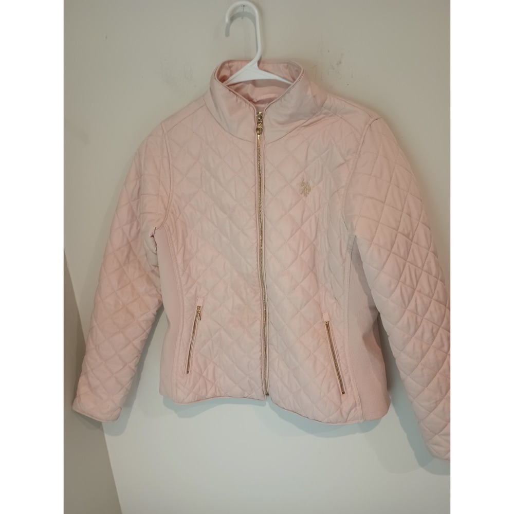 US Polo Assn Womens Medium Light Pink Quilted Puffer Jacket Full Zip Stand...